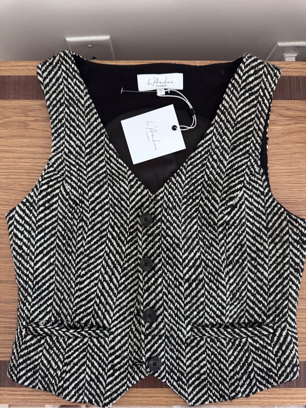 L'Academie Black & White Herringbone Crop Vest